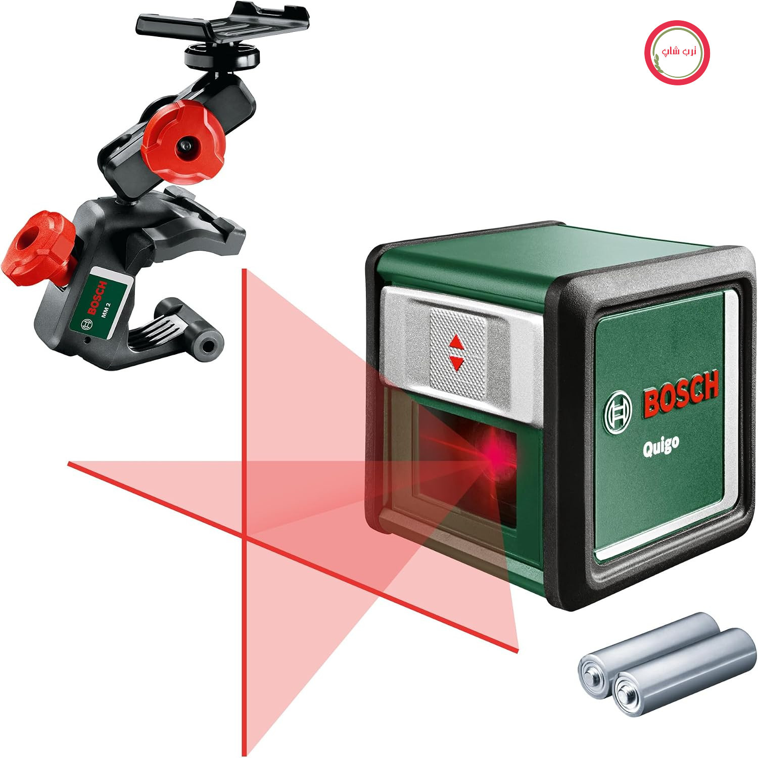 تراز لیزری بوش آلمان Bosch مدل Quigo با پایه چندکاره MM 2 (نسل سوم، برد: 10 متر، در جعبه مقوایی)